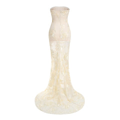 Strapless Embroidered See Through Trailing Skirt Maxi Dress