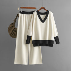V-Neck Loose Knitted Sweater + Wide Leg Pants Set