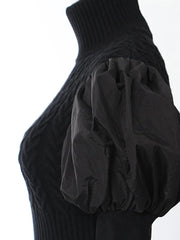 Spliced Bubble Sleeve Turtleneck Slim Knitted Top