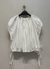 Solid V-Neck Drawstring Pleated Top