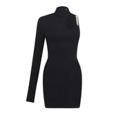 Stand Collar Single Shoulder Sleeve Hollow Slim Fit Dress