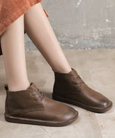 Coffee Boots Cowhide Leather Warm Fleece Fine Lace Up Flat Boots