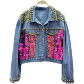 Sequined Puff Sleeve Short Denim Jacket