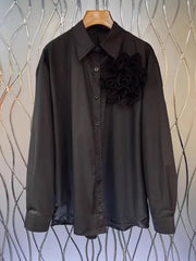 Pleated 3D Flower Loose Long Sleeved Shirt