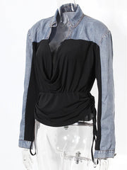 Denim Drawstring Pleated V-Neck Long Sleeve Shirt