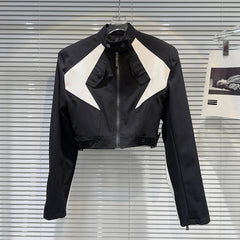 PU Leather Splicing Shoulder Pad Short Jacket