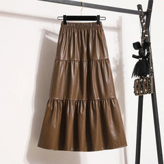 Splicing Soft Leather Elastic Waist Pleated Skirt