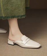 Beige Chunky Cowhide Leather Elegant Splicing Slide Sandals