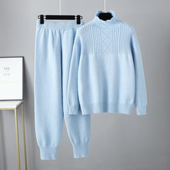 Solid Long Sleeve Knit Sweater + Loose Pants Set