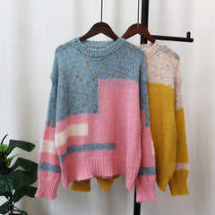 Round Neck Soft Loose Color Block Knitted Sweater