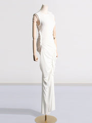 White Pleated Hip Hugging Maxi Dress
