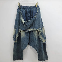 Patchwork High Elastic Waist Loose Denim Pants