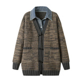 Brown Knitted Patchwork Denim Cardigan Sweater