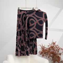 Vintage Geometric Printed Turtleneck Pleated Set