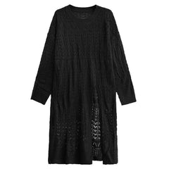 Solid V-Neck High Slit Hollow Knitted Sweater