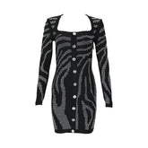 Pre Order: Beaded Rhinestone Long Sleeve Bandage Black Dress