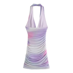 Wrinkle Mesh Bandage Halter Neck Mini Dress