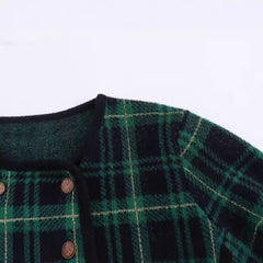 Green Checkered Double Breasted Knitted Cardigan