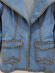 Notched Collar Pocket Rivet Long Sleeved Denim Jacket