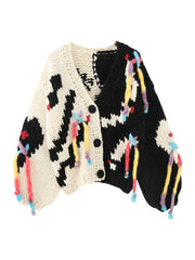 Handmade Needle Hook Tassel V-Neck Thickened Knit Cardigan