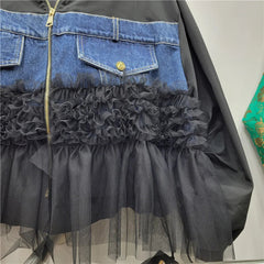 Hem Mesh Spliced Denim Patchwork Loose Jacket