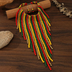 Pre Order: Bohemian Wood Bead Multi-Layer Tassel Necklace + Earrings Set