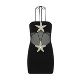 Pre Order: Black Halter Starfish Mesh Patchwork Bandage Dress