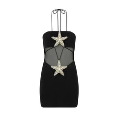 Pre Order: Black Halter Starfish Mesh Patchwork Bandage Dress