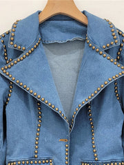 Notched Collar Pocket Rivet Long Sleeved Denim Jacket