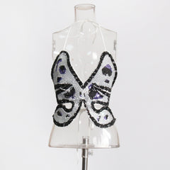 Crystal Sequin Butterfly Pattern Halter Camisole