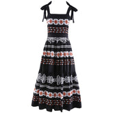 Retro Bow Strap Waist Cinched Pleated Dress