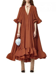 Deep V-Neck Patchwork Ruffles Spliced Lace Up Dress