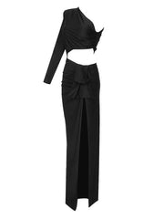 Pre Order: Black Hollow Out Waist One Shoulder Maxi Dress