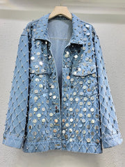 Diamond Shaped Rhinestone Sequin Old Blue Denim Jacket