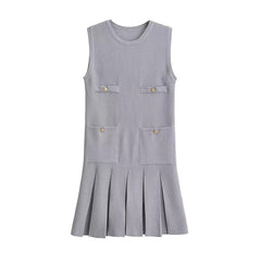 Knit Wide Pleated Button Mini Dress