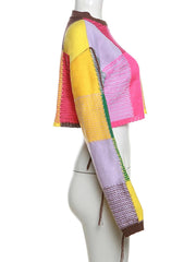 Casual Color Block Knitted Cropped Sweater