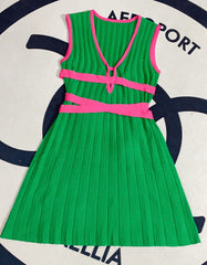 Sleeveless Waist Color Blocking Deep V Camisole Knitted Pleated Dress