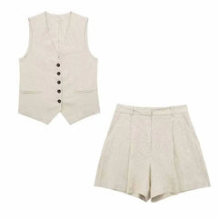 Solid Button Sleeveless Linen Vest + Shorts Set
