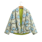Green Paisley Flower Print Lapel Quilted Jacket