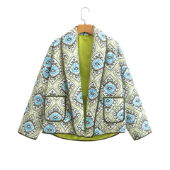 Green Paisley Flower Print Lapel Quilted Jacket