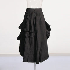 Solid Pleated Ruffled Edge High Waist Skirt