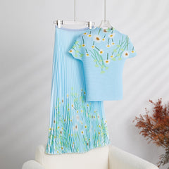 Chic Floral Sky Blue Drapey 2 Piece Top and Skirt Set