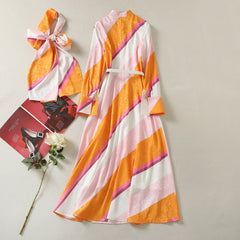 Standing Collar Tie Up Long Sleeved Striped Long Dress