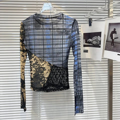 Splicing Mesh Slim Fit Long Sleeved Top