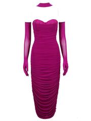 Solid Pleated Mesh Bandage Dress with Gloves