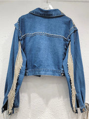 Spliced Diamond Tassel Long Sleeved Denim Jacket