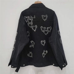 Heart Diamond Beaded Black Denim Jacket