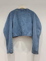 Diamond Bubble Sleeve Round Neck Short Denim Top