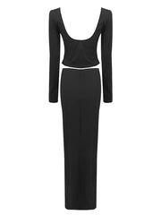 Pre Order: Black Long Sleeved Backless Top + Pleated Elastic Slim Fit Skirt