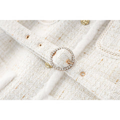 White Woolen Patchwork Belted Jacket